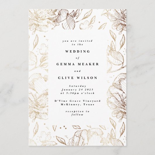Weiße, elegante, handgezeichnete botanische Hochze Einladung (Vorderseite)