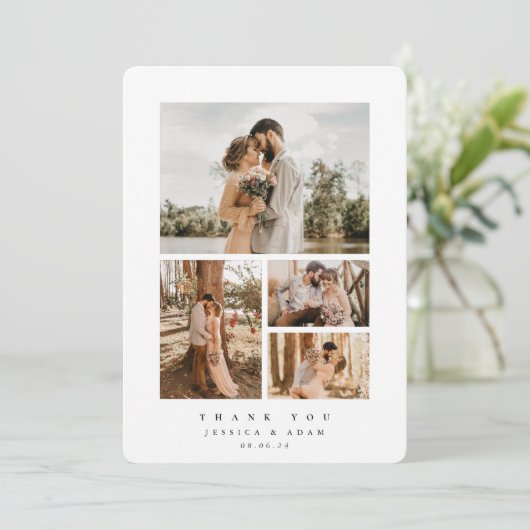 Weiße Elegante Minimal 4 Foto Hochzeitswohnung Dankeskarte (Stehend Vorderseite)