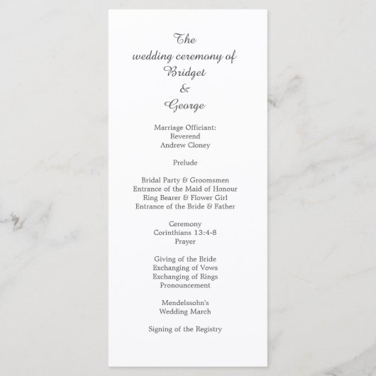 weiße elegante Minimalhochzeit Programm (Rückseite)