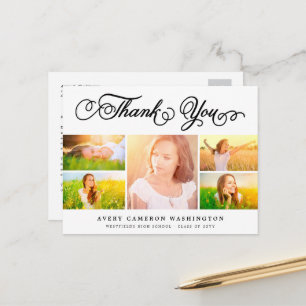 Weiße elegante Schrift 5 Foto-Abschieds-Dankeschön Postkarte