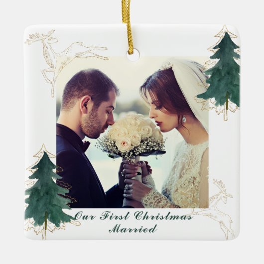 Weiße elegante Wasserfarben Bäume Unser erstes Wei Keramikornament (Vorderseite)