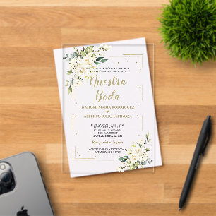 Weiße Elfenbein-Blumen Gold Unsere Hochzeit Kallig Acryleinladungen