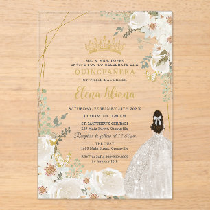 Weiße Elfenbein Blumen Prinzessin Gold Quinceanera Acryleinladungen