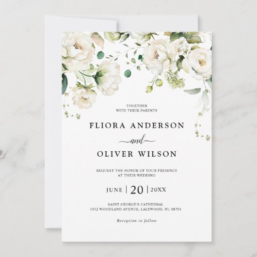 Weiße Elfenbein-Rose Botanische Hochzeit mit Blume Einladung (Vorderseite)