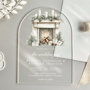 Weiße Elfenbein-Weihnachts-Kamin-Bogen-Hochzeit Acryleinladungen