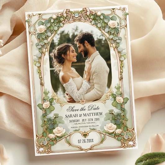 Weiße Elfenbeinblüte und goldenes Foto Save the Da Einladung