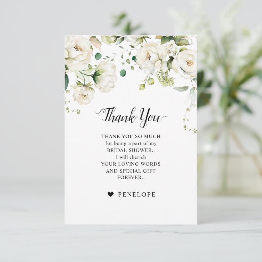 Weiße Elfenbeincreme-Rose Botanische Hochzeit flor Dankeskarte (Stehend Vorderseite)