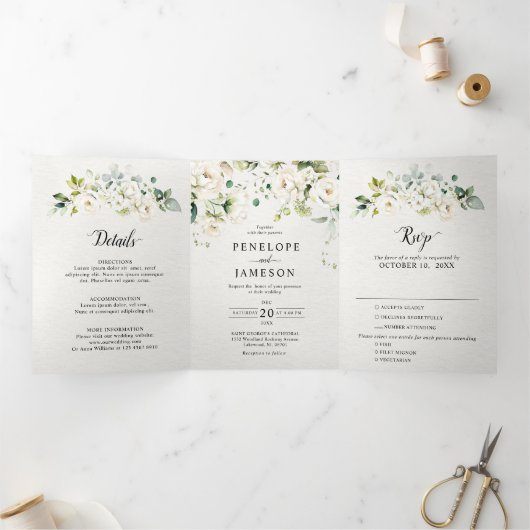Weiße Elfenbeincreme-Rose Botanische Hochzeit flor Dreifach-gefaltete Programmkarte (Innenseite)