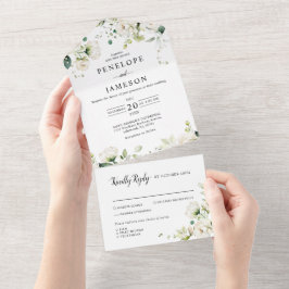 Weiße Elfenbeincreme-Rose Botanische Hochzeit mit  All In One Einladung