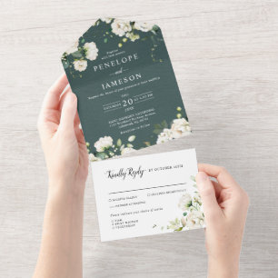 Weiße Elfenbeincreme-Rose Botanische Hochzeit mit All In One Einladung