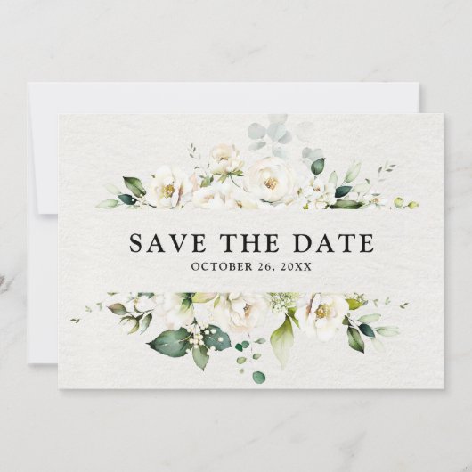 Weiße Elfenbeincreme-Rose Botanische Hochzeit mit  Save The Date (Vorderseite)