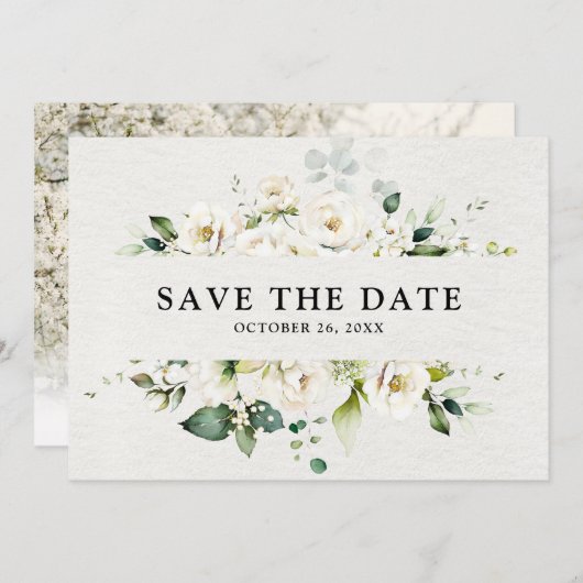 Weiße Elfenbeincreme-Rose Botanische Hochzeit mit Save The Date (Vorne/Hinten)