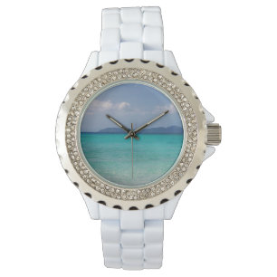 Weiße Email-Uhr mit Insel-Szene Armbanduhr