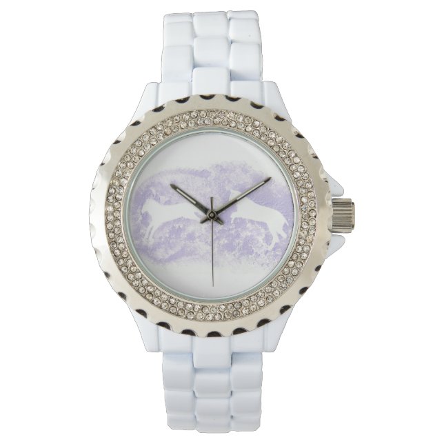 Weiße Emailuhr mit Lavender Horse Art Armbanduhr (Vorderseite)