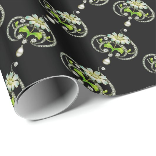 WEISSE ENAMEL-BLUME, PEARLS UND DIAMONEN GESCHENKPAPIER (Rolleneckpunkt)