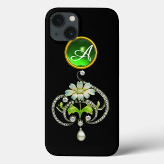 WEISSE ENAMEL-BLUME, PEARLS UND DIAMONEN-MONOGRAMM iPhone 13 HÜLLE