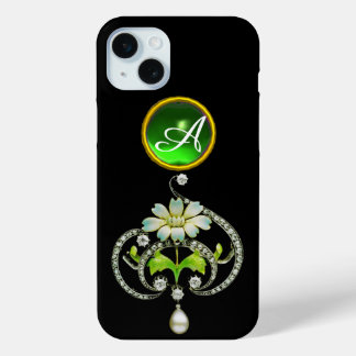 WEISSE ENAMEL-BLUME, PEARLS UND DIAMONEN-MONOGRAMM iPhone 15 MINI HÜLLE