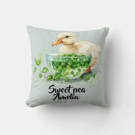 Weiße Ente ißt Erbsen aus Schale Kissen