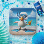 Weiße Ente mit Schnorchel am Strand Pappteller (Party)