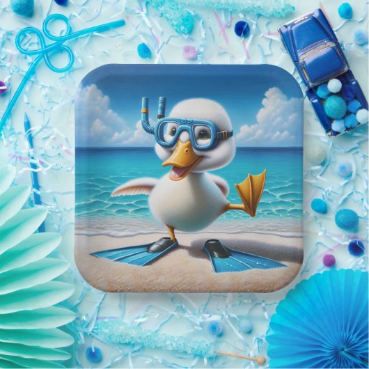 Weiße Ente mit Schnorchel am Strand Pappteller (Party)