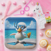 Weiße Ente mit Schnorchel am Strand Pappteller (Party)