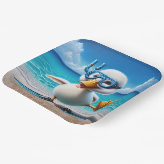 Weiße Ente mit Schnorchel am Strand Pappteller (Gewinkelt)
