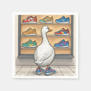 Weiße Ente schaut sich Schuhe im Schaufenster an Serviette