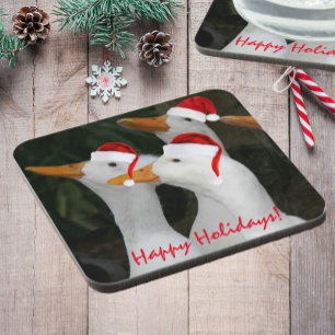 Weiße Enten mit roten Weihnachtsmannmützen Feierta Getränkeuntersetzer