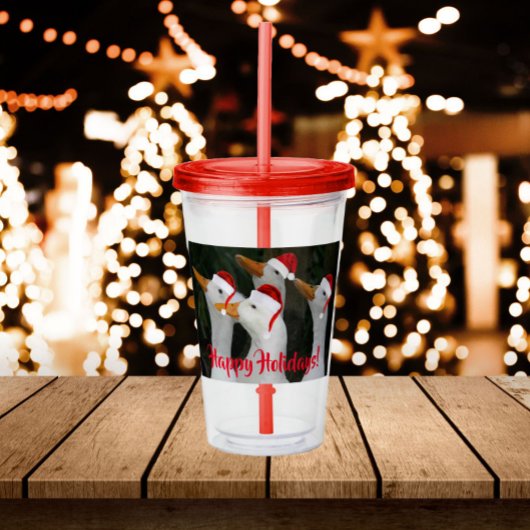 Weiße Enten mit roten Weihnachtsmannmützen Urlaub Acryltrinkbecher