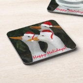 Weiße Enten mit roten Weihnachtsmannmützen Urlaub Getränkeuntersetzer (Linke Seite)