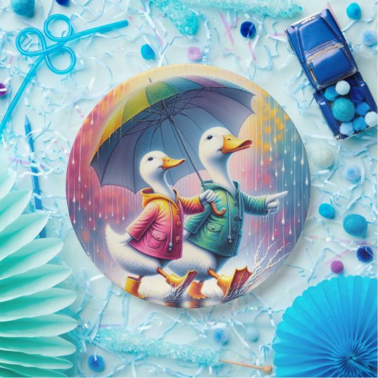 Weiße Enten wandern im Regen Pappteller (Party)