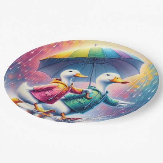 Weiße Enten wandern im Regen Pappteller (Schrägansicht)