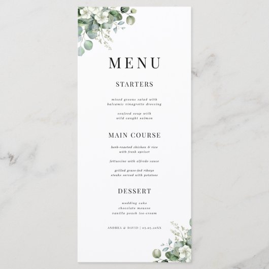 Weiße Eukalyptus Floral Summer Nature Wedding Menükarte (Vorderseite)