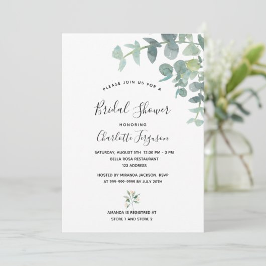 Weiße Eukalyptus-Grünpflanzen im Brautparty elegan Einladung (Stehend Vorderseite)