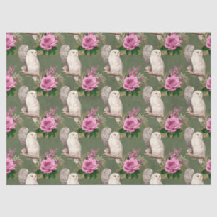 Weiße Eulen und rosa Rosen auf grüner Decoupage Seidenpapier