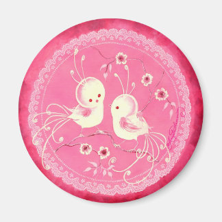 Weiße Fantasie Vögel mit Blumen & Spitzenrand Magnet