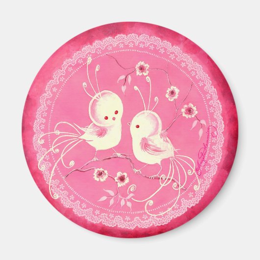 Weiße Fantasy-Vögel mit Blume & Spitzen-Border Magnet (Vorne)