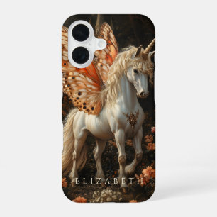 Weiße Fantasy-Wald-Einhorn Orange Feenflügel iPhone 16 Hülle