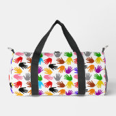 Weiße farbenfrohe Handabdruck-Musterdesign Duffle Bag (Vorderseite)