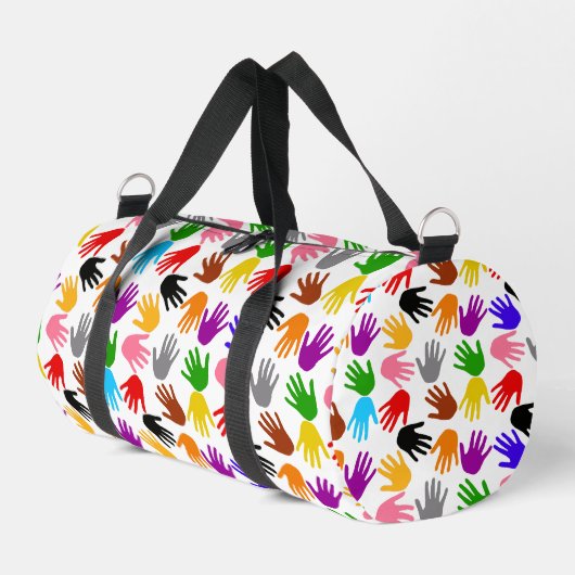 Weiße farbenfrohe Handabdruck-Musterdesign Duffle Bag (Linke Seite)
