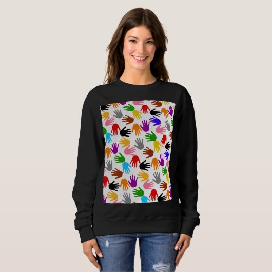 Weiße farbenfrohe Handabdruck-Musterdesign Sweatshirt (Vorne ganz)