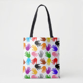 Weiße farbenfrohe Handabdruck-Musterdesign Tasche (Vorderseite)
