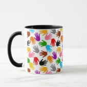 Weiße farbenfrohe Handabdruck-Musterdesign Tasse (Links)