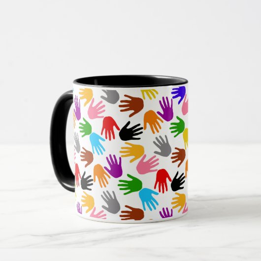 Weiße farbenfrohe Handabdruck-Musterdesign Tasse (Vorderseite Links)