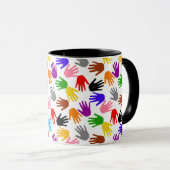 Weiße farbenfrohe Handabdruck-Musterdesign Tasse (VorderseiteRechts)