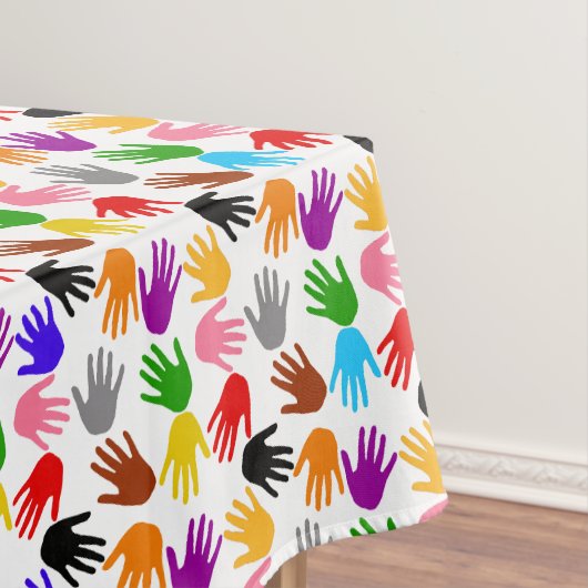 Weiße farbenfrohe Handabdruck-Musterdesign Tischdecke (Beispiel)