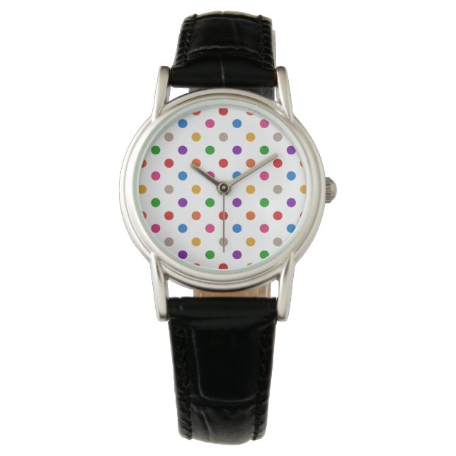 Weiße farbenfrohe Regenbogen-Punkte-Design  Armbanduhr (Vorderseite)