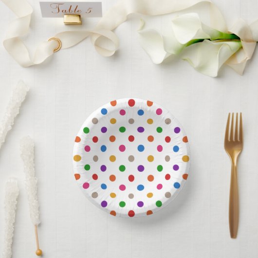 Weiße farbenfrohe Regenbogen-Punkte-Design Pappteller (Hochzeit)