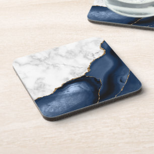 Weiße Faux-Marmor vergoldete Navy-Blau-Achat Getränkeuntersetzer