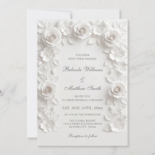 Weiße Faux-Relief-Rosen Barockrahmen Hochzeit Einladung